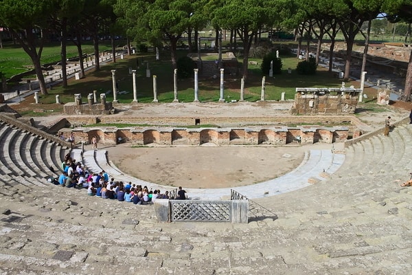 Ruins of famous Ostia Antica Amphitheatre, Italy; Day trips from Rome
