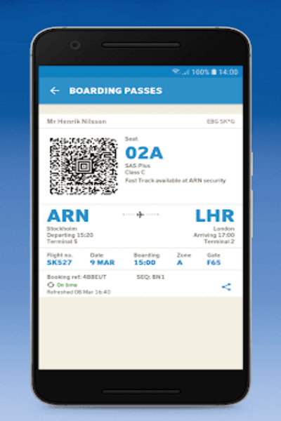 SAS Airlines mobile app, Scandinavian Airlines check-in
