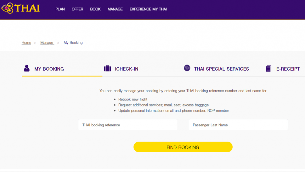 Thai Airways Manage Booking